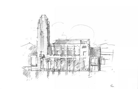 A preliminary massing sketch of the DMSAS-design The Smith Center for the Performing Arts